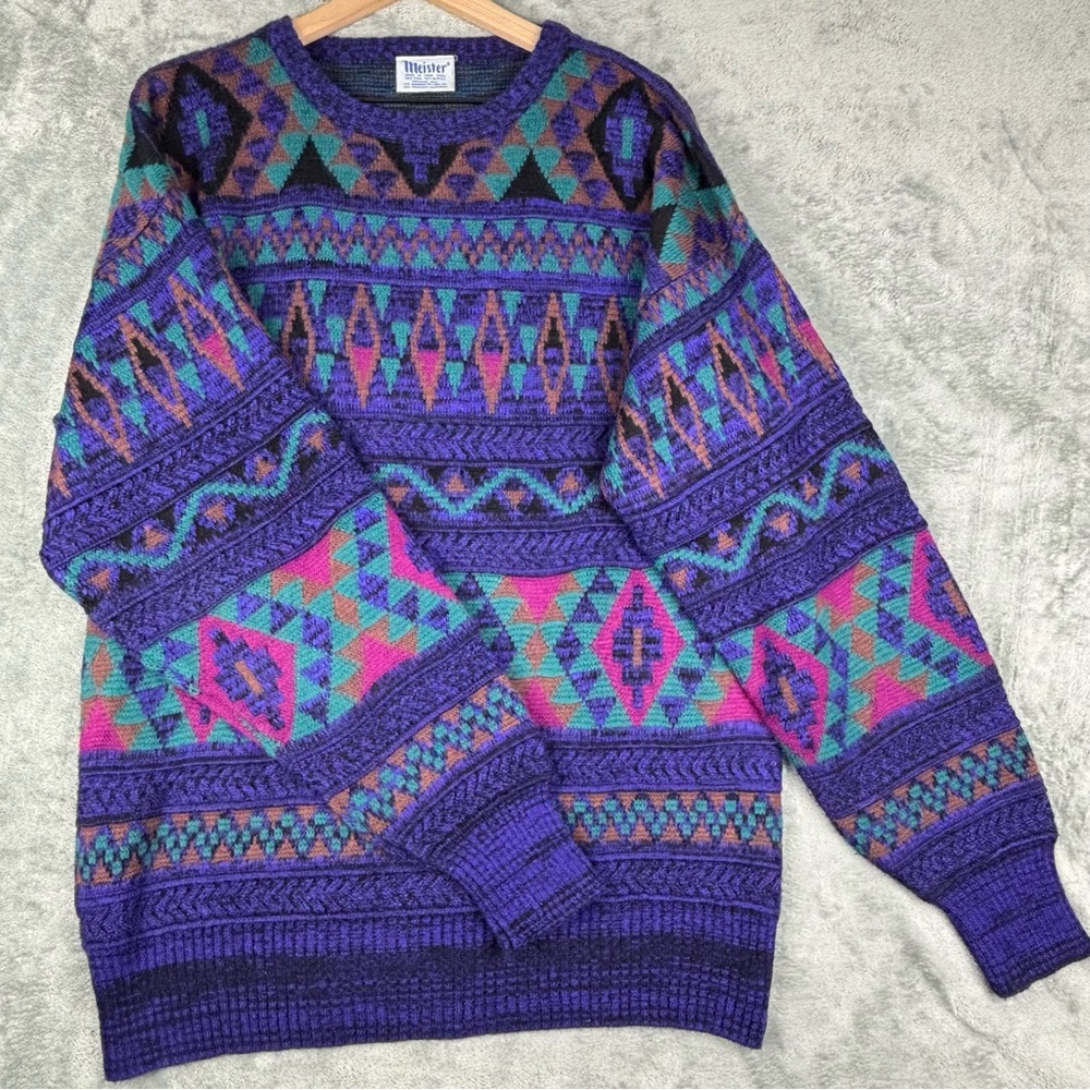 Vintage Meister Ski Sweater XL 80s 90s Geometric Aztec Pullover Wool Blend‎ - Picture 8 of 11
